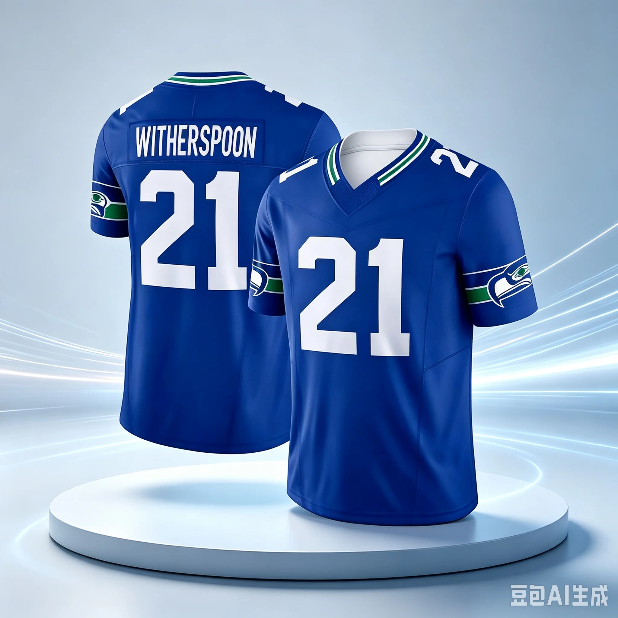 Neue Männer # 21 Witherspoon Navy Heim-Fußballtrikot mit digitaler Nummernmarkierung, grüner Umrandung, V-Ausschnitt, Seahawks-Fanuniform, Familien-Set