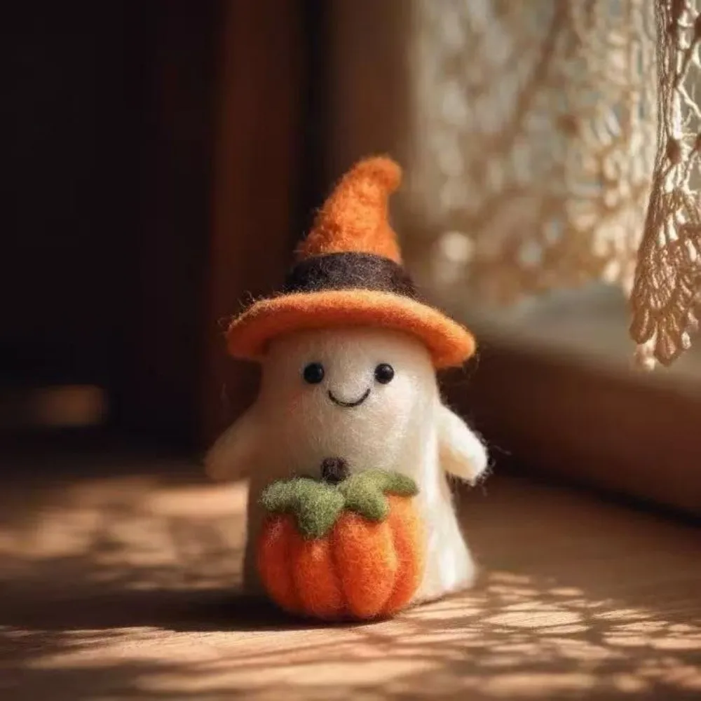 Desk Ornaments Witch Halloween Ornaments Cute Pumpkin Figurine Handmade Funny Wool Felt Ghost Statue Halloween