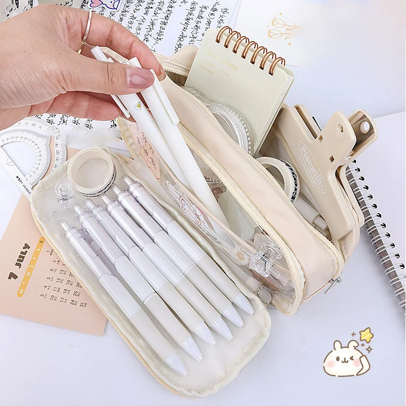 Sac à stylos transparent à double couche pour filles, étuis scolaires esthétiques, boîte de papeterie portable, poudres à crayons, utilitaires mignons