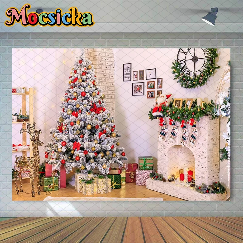 

Mocsicka Christmas Tree Photography Background Fireplace Living Room Gifts Deer Decorations Child Portrait Photo Backdrop Banner