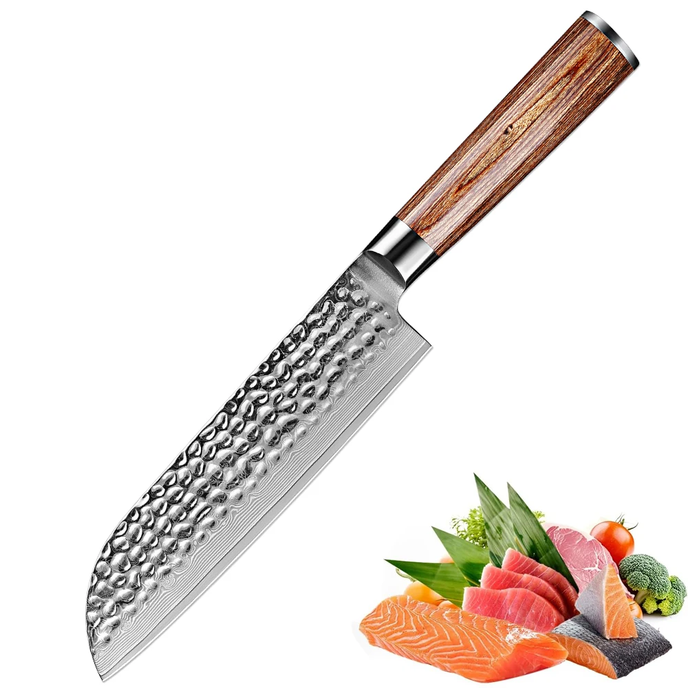 

7 Inch Santoku Knife Damascus Kitchen Chef Knife 67 Layers Damascus Steel Japanese Cleaver Knife Ergonomics Golden Wooden Handle