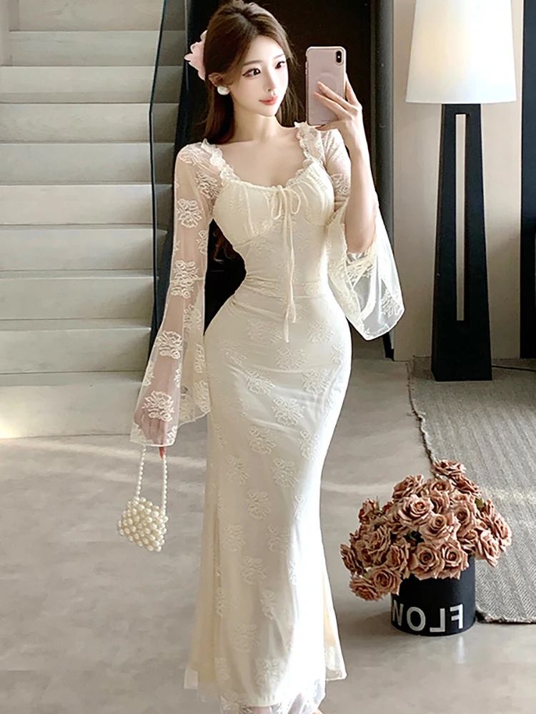 

Autumn Winter White Lace Jacquard Flare Sleeve Long Dress Women Chic Bow Square Collar Ruffled Dress 2025 Korean Luxury Vestidos