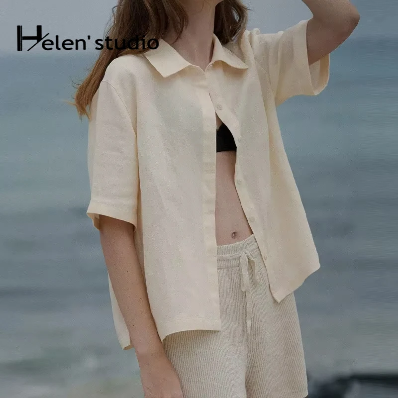 

Original 100% Linen Women's Short-Sleeved Blouses And Shirts Summer New Ladies Casual Single-Breasted Blouse