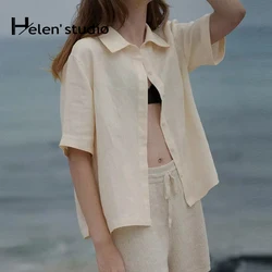 Original 100% Linen Women's Short-Sleeved Blouses And Shirts Summer New Ladies Casual Single-Breasted Blouse