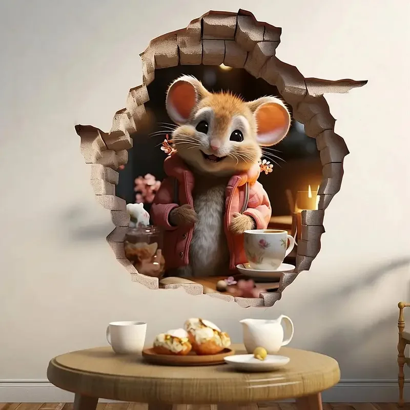 Cute Mouse Hole Wall Sticker Caffeine Enthusiast Mouse Coffee Break in Wall Hole Decal Mouse Singing Decoration