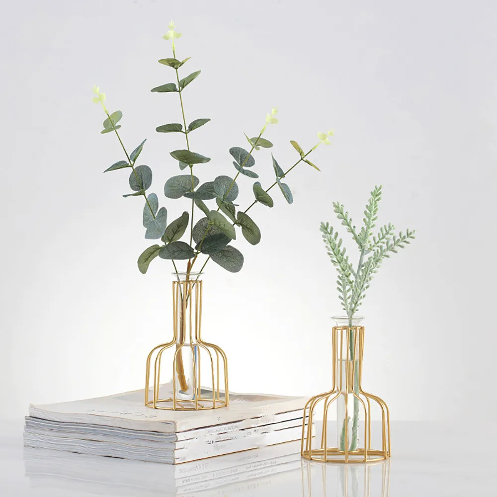 

Nordic Style Vase Creative Glass Hydroponic Vase Flower Pot Golden Vase Metal Flowers Pot Alloy Glass Vases Home Desk Decoration