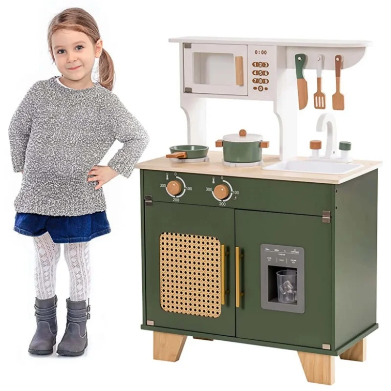 Robud Kids Kitchen Play Set with Ice Maker Pretend Playset Wooden Toy for Kids Age 3+ Vintage Green for Toddler