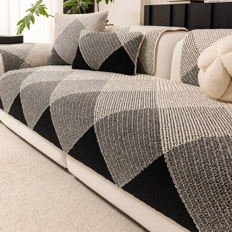 Straight Row Comfortable Cotton Velvet Sofa Cushion Winter Thick Plush Cushion Fixed Anti Slip Sofa Cover Cat-scratch-proof