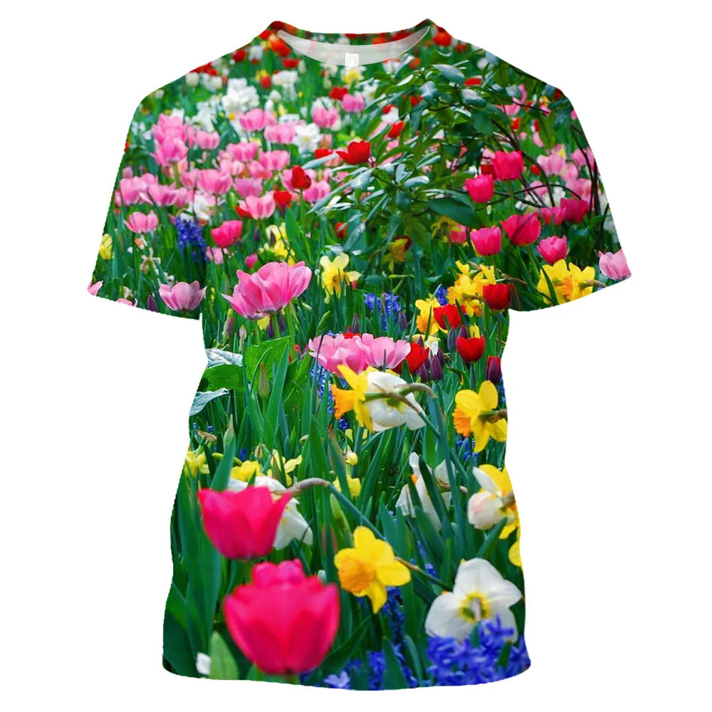 Summer Fashion New Plant Flowers graphic t shirts For Unisex Casual Personality Rose Pattern Printed O-neck Short Sleeve Tee Top