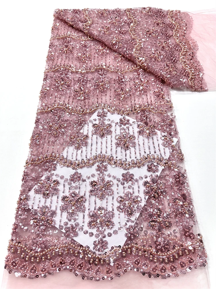 

High-End Handmade Beaded Lace Fabric Gold Embroidery French Lace Wedding Dress Embroidered Aqua Tulle Fabric