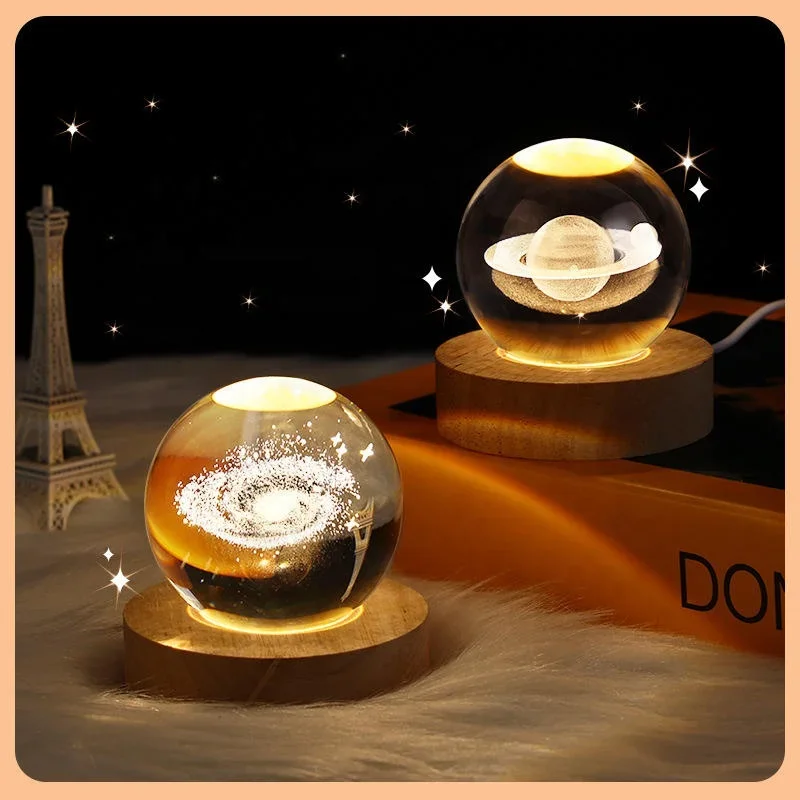 3D Art Crystal Ball Night Lamp Luminous Crystal Ball Decoration Solar System Led Night Lights Desktop Home Decor
