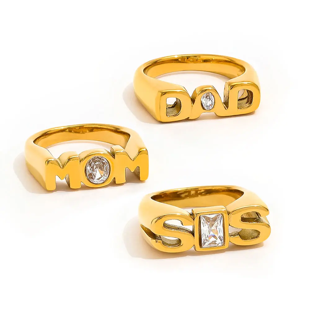 

Joolim High End PVD Waterproof Fashion Dainty Alphabet MOM SIS Zirconia Stamp Ring for Women Stainless Steel Jewelry Wholesale