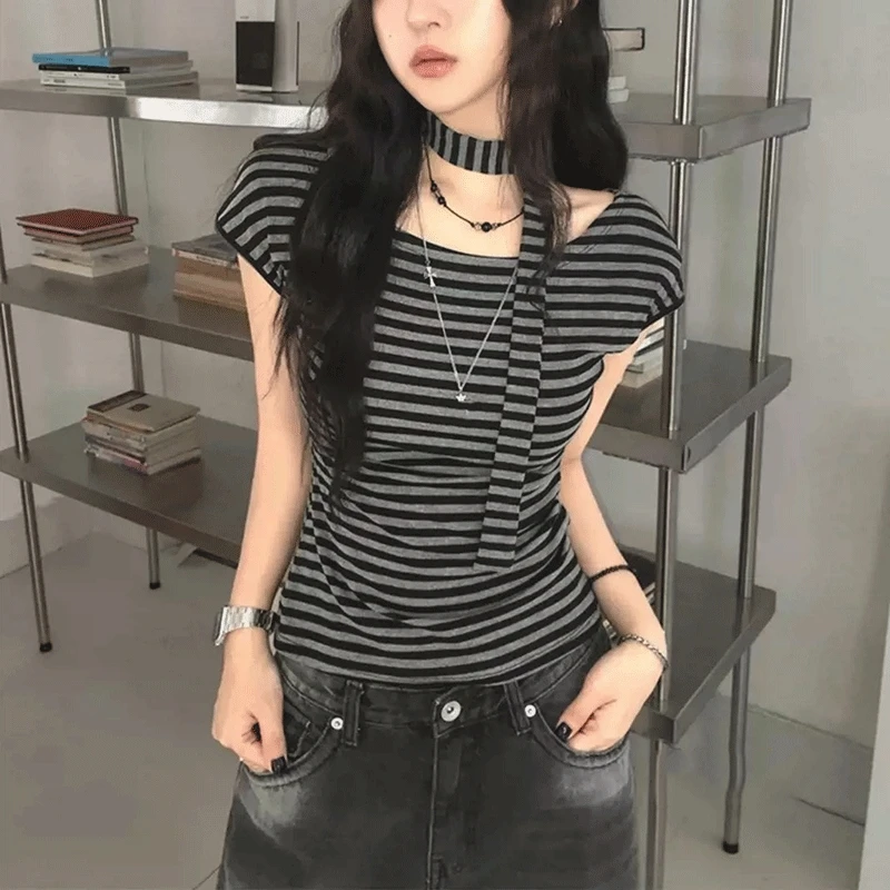 Japanese Y2k T-shirt Women Short Sleeves Striped Crop Top Grunge 2000s Aesthetic Streetwear T Shirts Summer