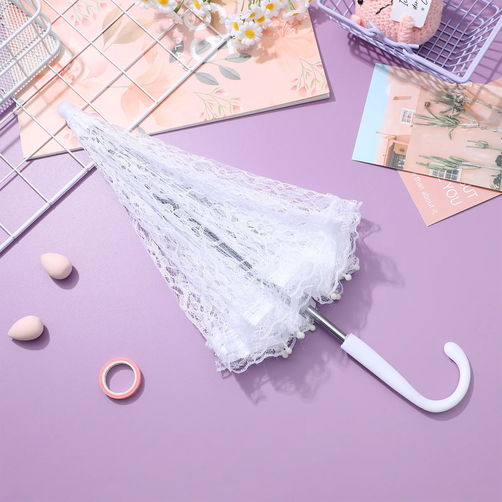 

Lace Umbrella White Vintage Wedding Prop Embroidery Parasol Foldable Iron Frame for Travel Stage Performance Shoot Accessories