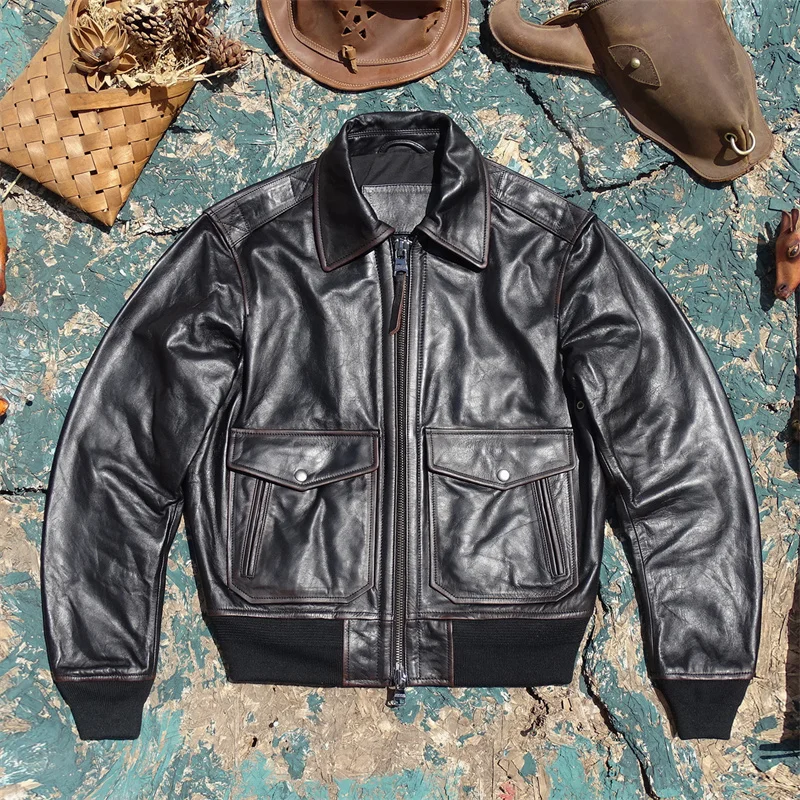 

HNA G2 flight suit Italian vegetable tanned black tea core polished and old first layer cowhide leather leather jacket men