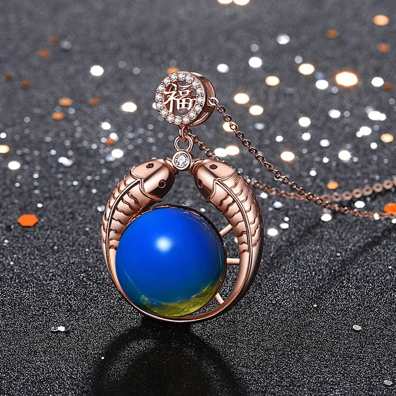 

Blue Amber Pisces Pendant Charm Necklace Gemstone Jewelry Zircon Crystal Natural Amulet Chinese Gifts Carp Fashion 925 Silver