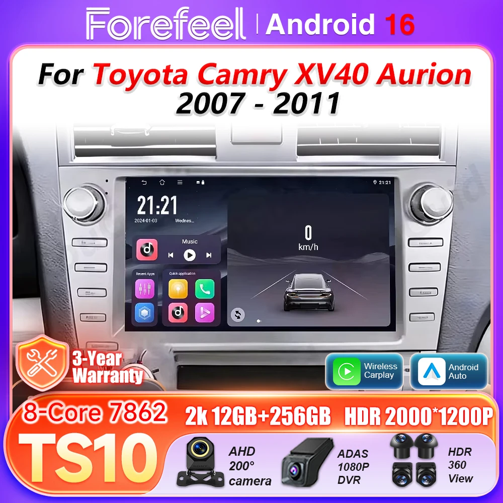 Android 16 Auto Car Radio For Toyota Camry XV40 Aurion 2007 2008 2009 2010 2011 Carplay BT Video Multimedia Player 5G Wifi GPS