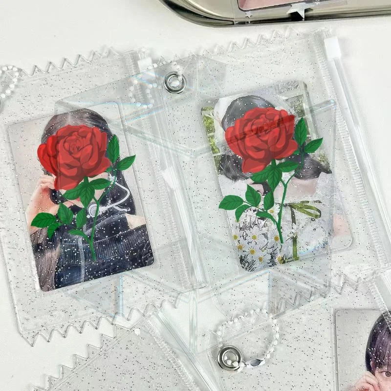 5-10Pcs Glitter Clear Photocard Holder Zipper Bead Chain For Kpop Card Collection Instax Storage