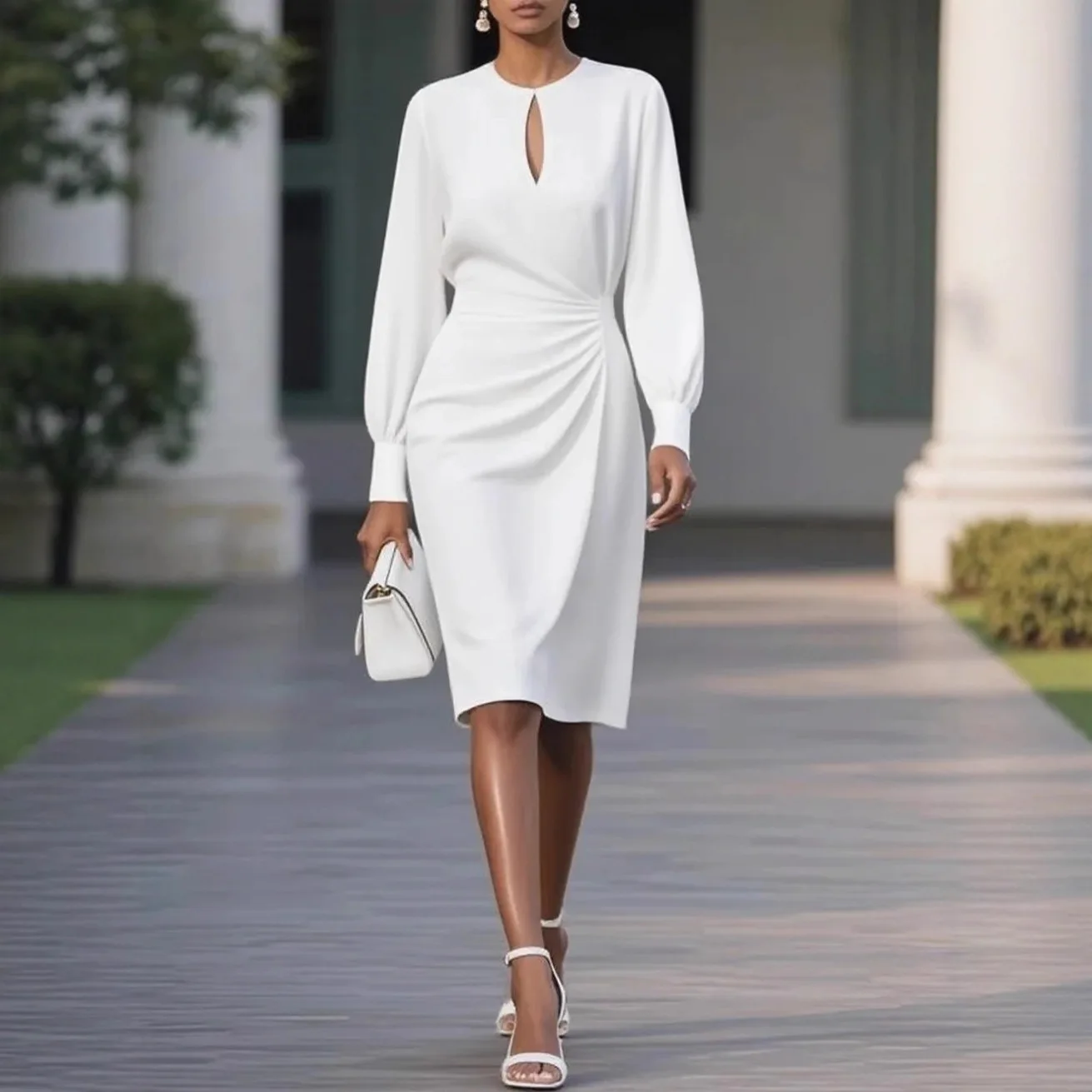 

2025 Autumn New Women's Long-sleeved Dress White High Waist Pleated Slim Elegant Office Simple Black Midi Skirt