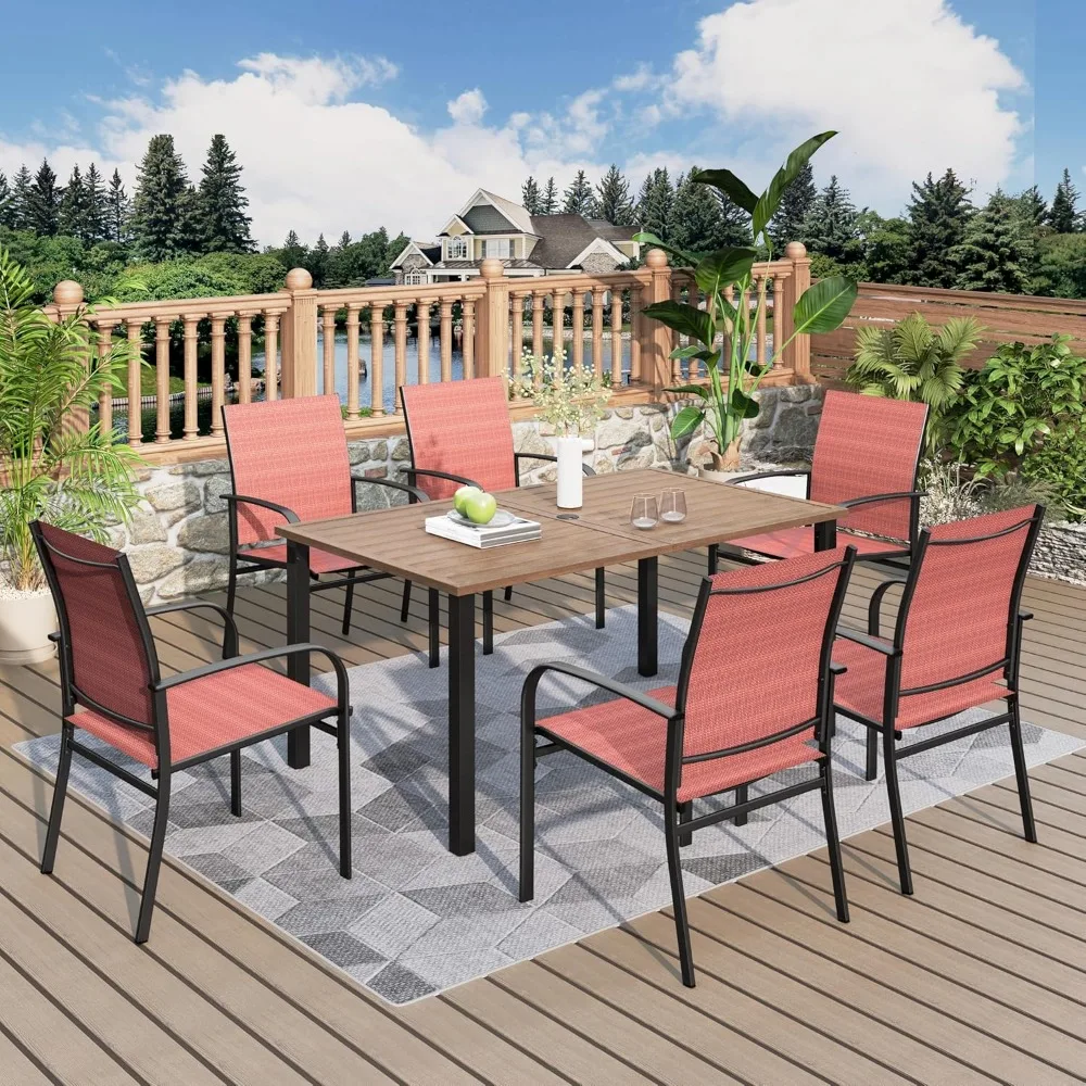 

Patio Table and Chairs Set, Outdoor Dining Set for 6 with Red Chairs and Teak Color Tabletop Outdoor Dining Table, 7-Piece Patio