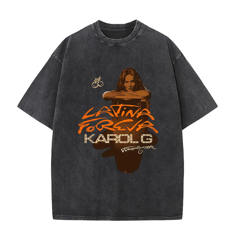 

Karol G Tropicoqueta Latina Foreva 2025 Album Washed T-shirt Men Women Fashion Harajuku Streetwear Male Vintage Casual T Shirts
