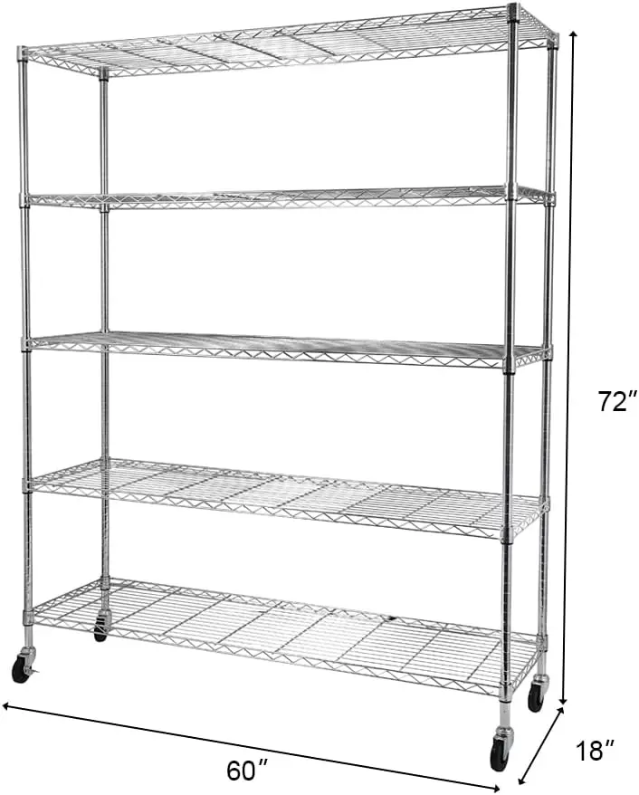 바퀴가 달린 금속 보관 선반, NSF 선반 유닛, 1325 Lbs 용량, 5 단 헤비 듀티 와이어 선반, 60X18X72