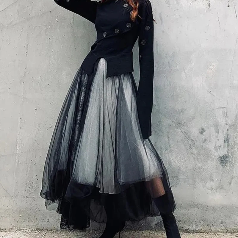 

Women Dark Punk Mesh Lace Skirt A-Line High Waist Irregular Lazy Skirt Patchwork Harajuku Y2K Subculture Chic American Skirt