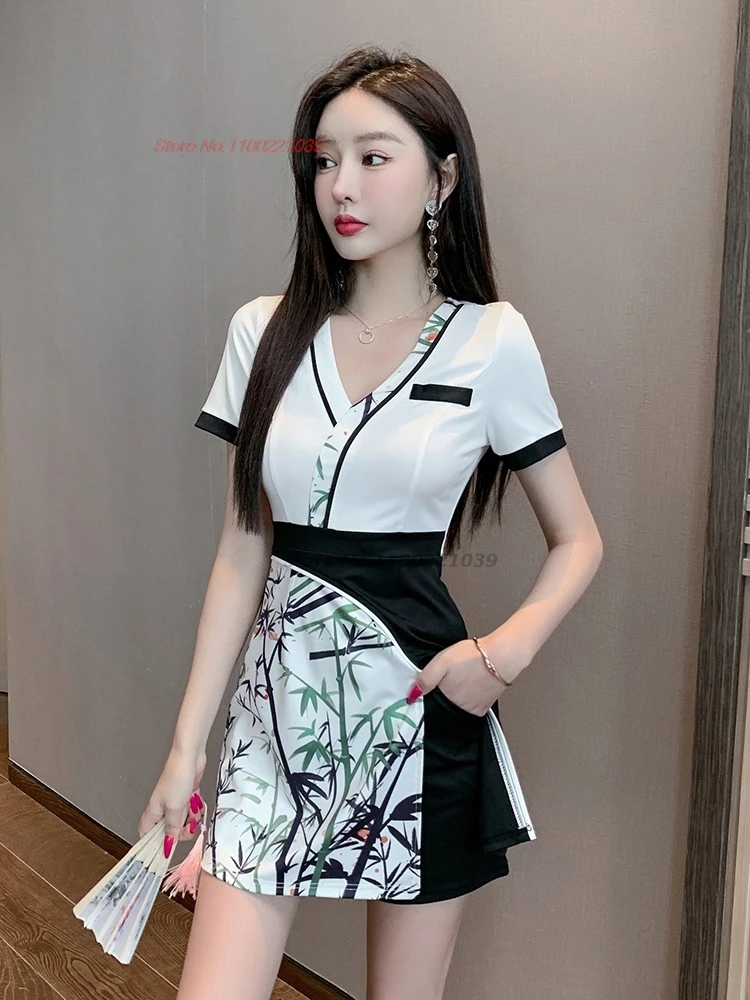 2024 chinese nightclub dress improved qipao national bamboo print qipao dress+shorts set banquet dress hotel spa work dress