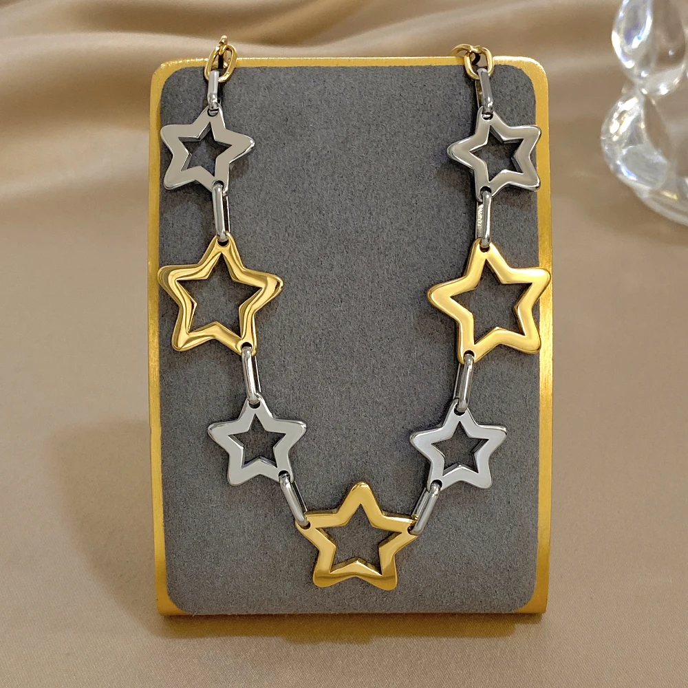 펑크 청키 할로우 스타 두꺼운 체인 스테인리스 스틸 목걸이 여성 남성 패션 금도금 스타 칼라 목걸이 주얼리