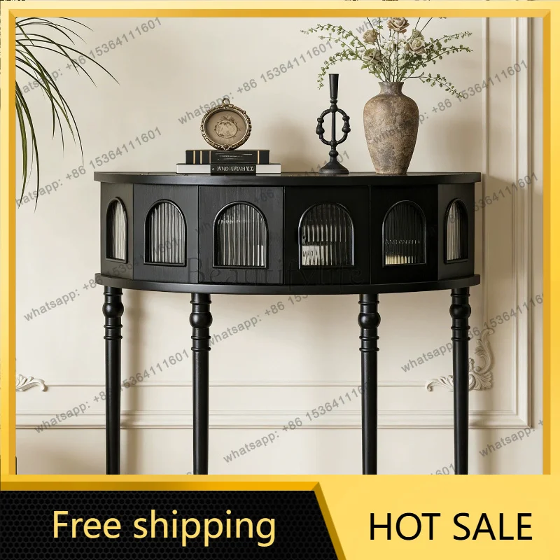 Zj. Medieval semi-circular entrance table solid wood black corridor storage table