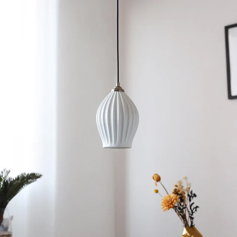 Modern British style Elegance Ribbed Ceramics Pendant Lights For Dining Island Living Room  Suspension Chandeliers White Shade