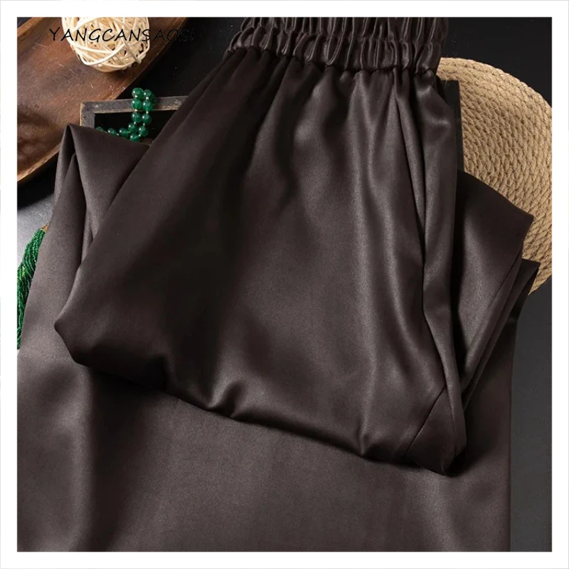 

Luxury 100MM+ 100% Natural Mulberry Silk Gambiered Guangdong Gauze Elastic Waist Women's Fashionable Hanging Casual Pants