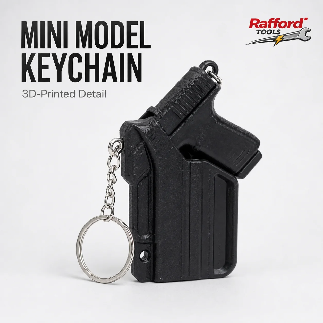 3D Printed Black Mini Model Keychain with Matching Holder and Metal Key Ring, Compact Decorative Car Key Pendant for Men