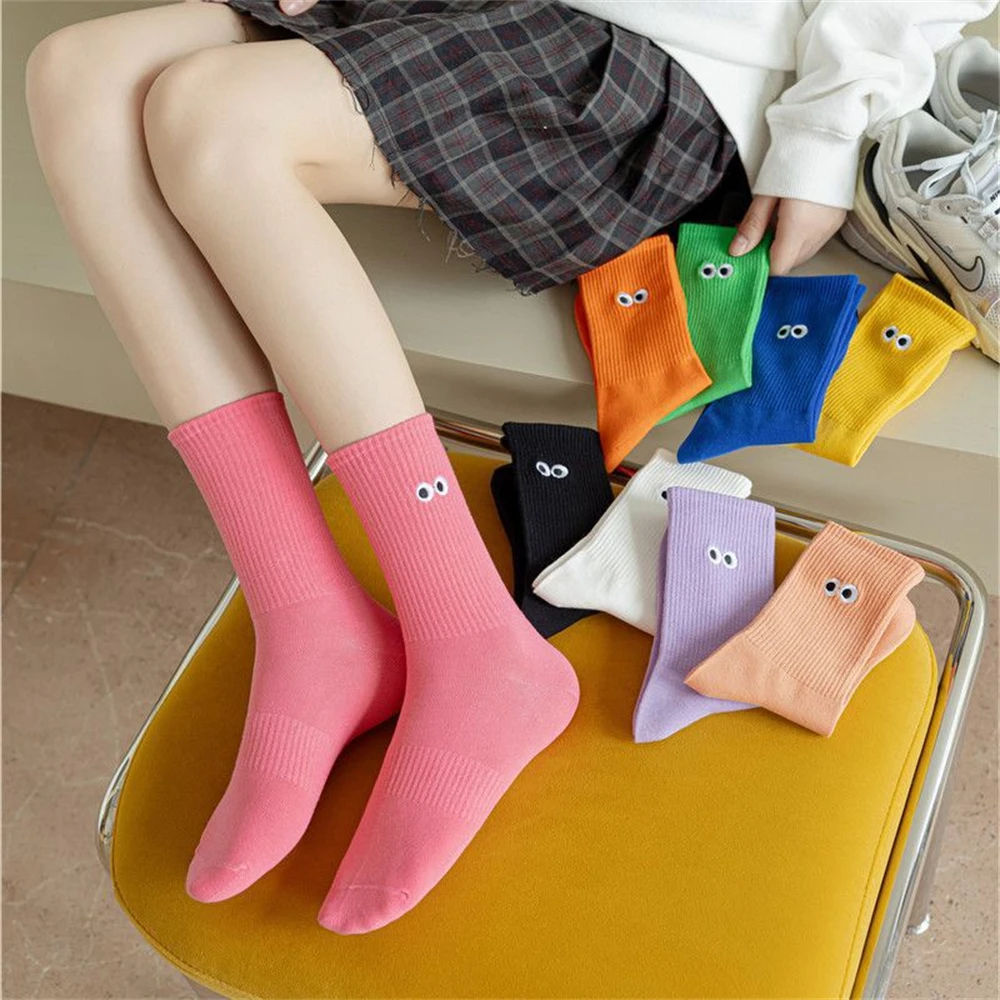 New Women\'s Embroidered Big Eyes Mid-Tube Socks Ins Trendy Colorful Cartoon Cute Soft Cotton Sports Sokken Dropship