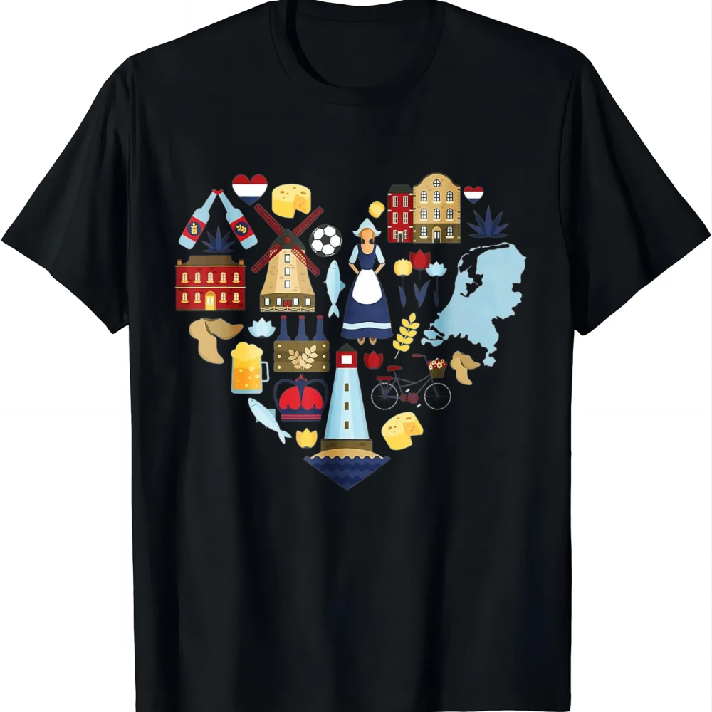 Netherlands Heart Tulips Windmill Canal Dutch Delight T-Shirt Sophisticated and Stylish Outfit  Funny Printed T-shirt