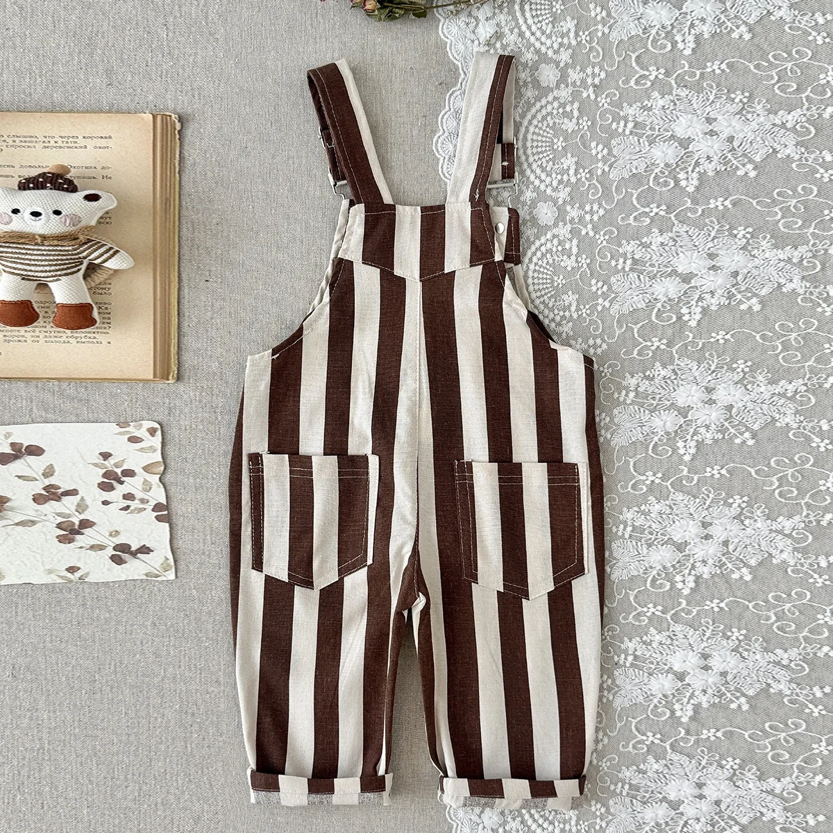 ：Spring Autumn Baby Retro Brown White Stripe Overalls, Adjustable Straps Roll Hem Unisex Toddler Casual Cargo Suspender Pants