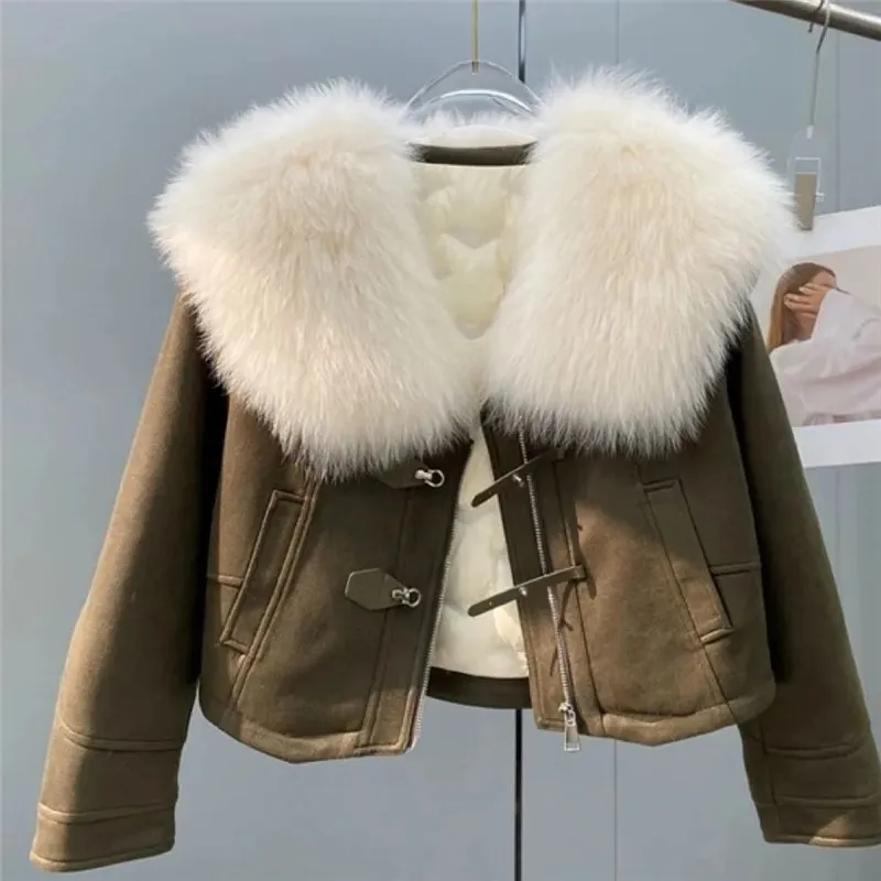 2024 New Winter Lamb Fur Sheepskin Patchwork Coat Faux Fur Leather Jacket Streetwear Loose Fur Warm Motorcycle Biker Parka