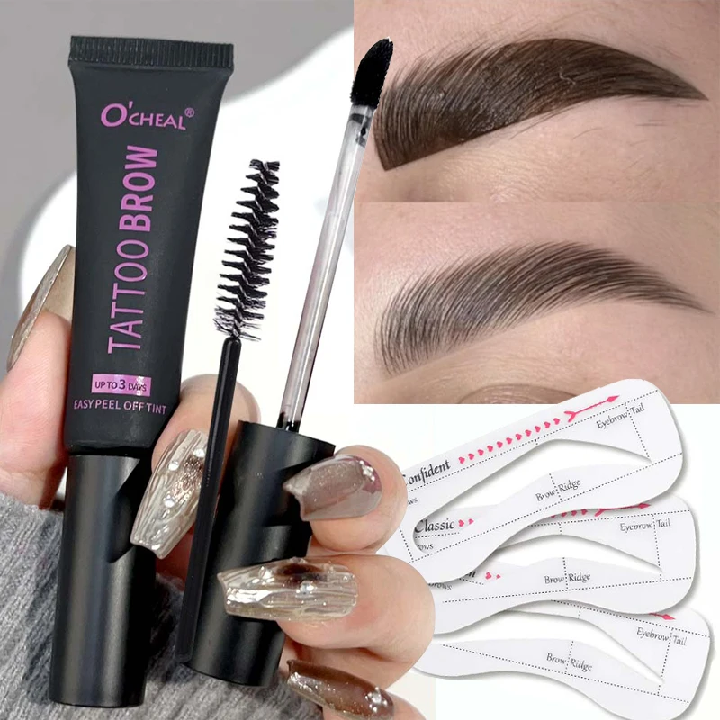 Peel Off Dye Eyebrow Gel Set Semi-Permanent Lasting Eyebrow Tattoo Tint Waterproof Tearing Off Brow Cream with Brow Cards Brush