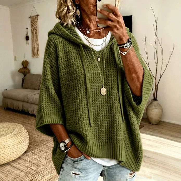2026 Textured. Hooded. Loose Knit Sweater, New Autumn/winter Collection, Solid Color. Fashionable And Random Robe Party Prom
