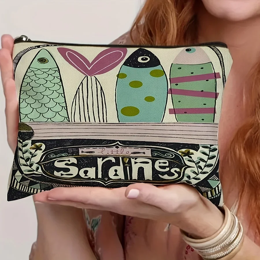 حقيبة مكياج مطبوعة نابضة بالحياة "ساردينز" بسحاب - منظم مستحضرات التجميل وأدوات الزينة خفيف الوزن وقابل للطي أثناء السفر