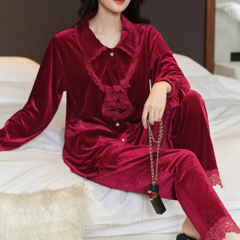 Pink Velvet Women\'s Pajama Sleepwear Autumn Winter New Trouser Suits Pyjama Pour Femme Elegant Loose Velour Home Wear Loungewear