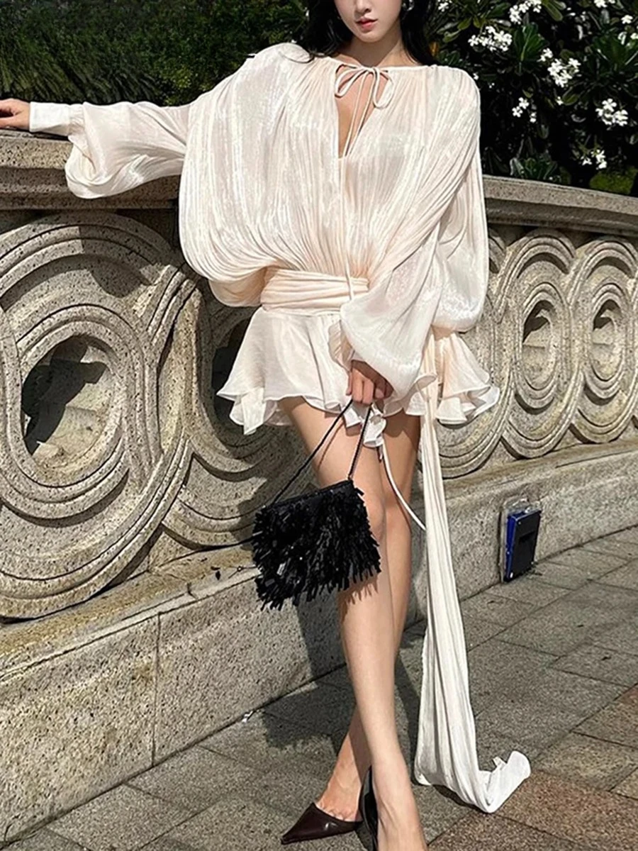 

2025 fashion Solid Loose Splicd Lace Up Dresses For Women V Neck Long Sleeves Patchwork Ruffles New Dreses Female Fashio New