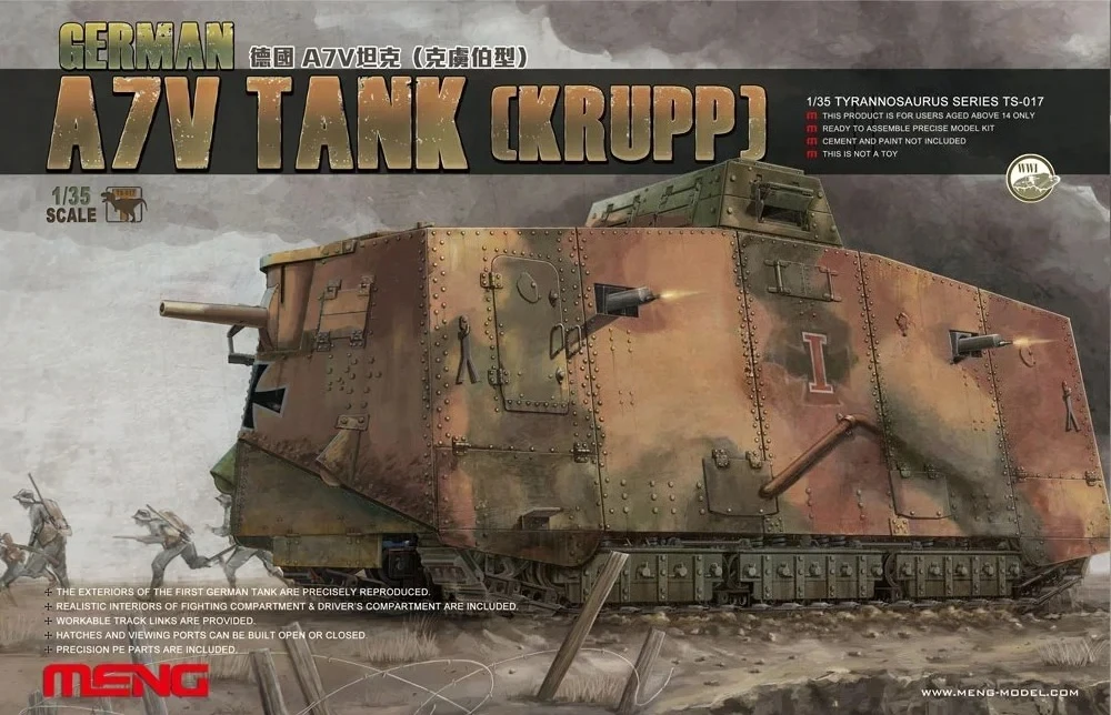 

Meng TS-017 1/35 German A7V Tank (Krupp Type) Heavy Assault Armored Vehicle Plastic Model Kit