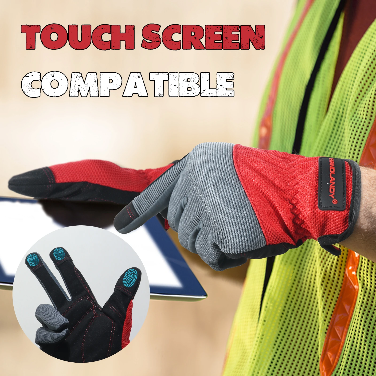 HANDLANDY Flexible Breathable Fit- Padded Knuckles & Palm Touch screen Utility Mechanic Mens Work Gloves