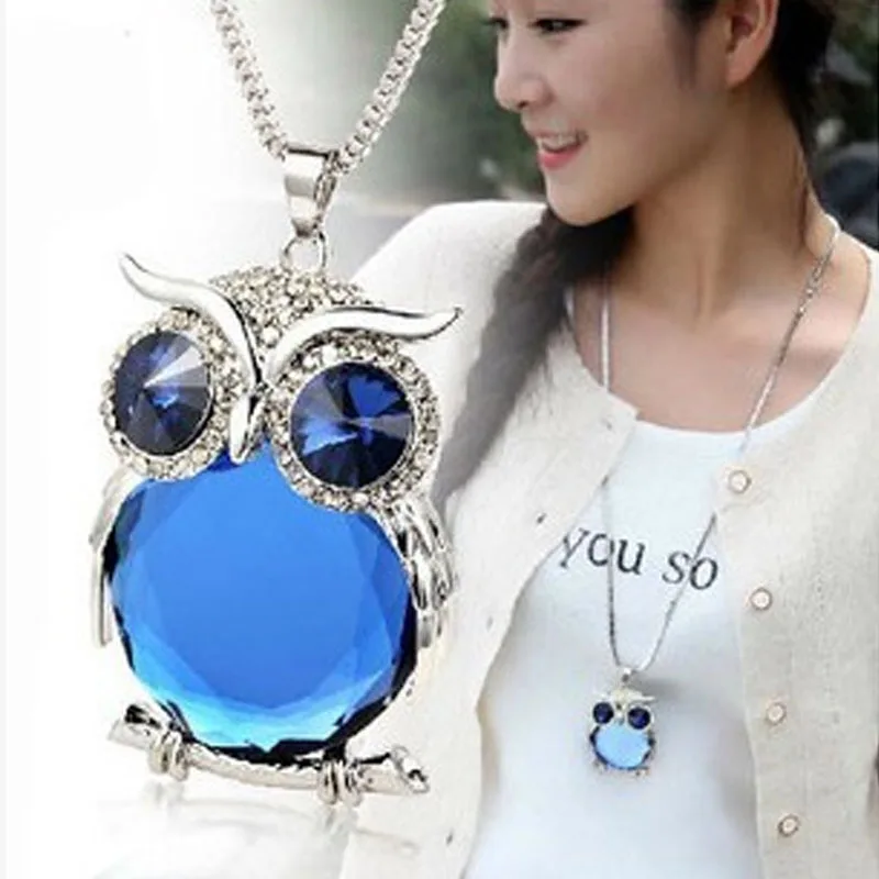 Fashion Cute Owl Pendant Necklace for Women Long Sweater Chain Rhinestone Necklaces Clothing Accessories Personality Jewelry