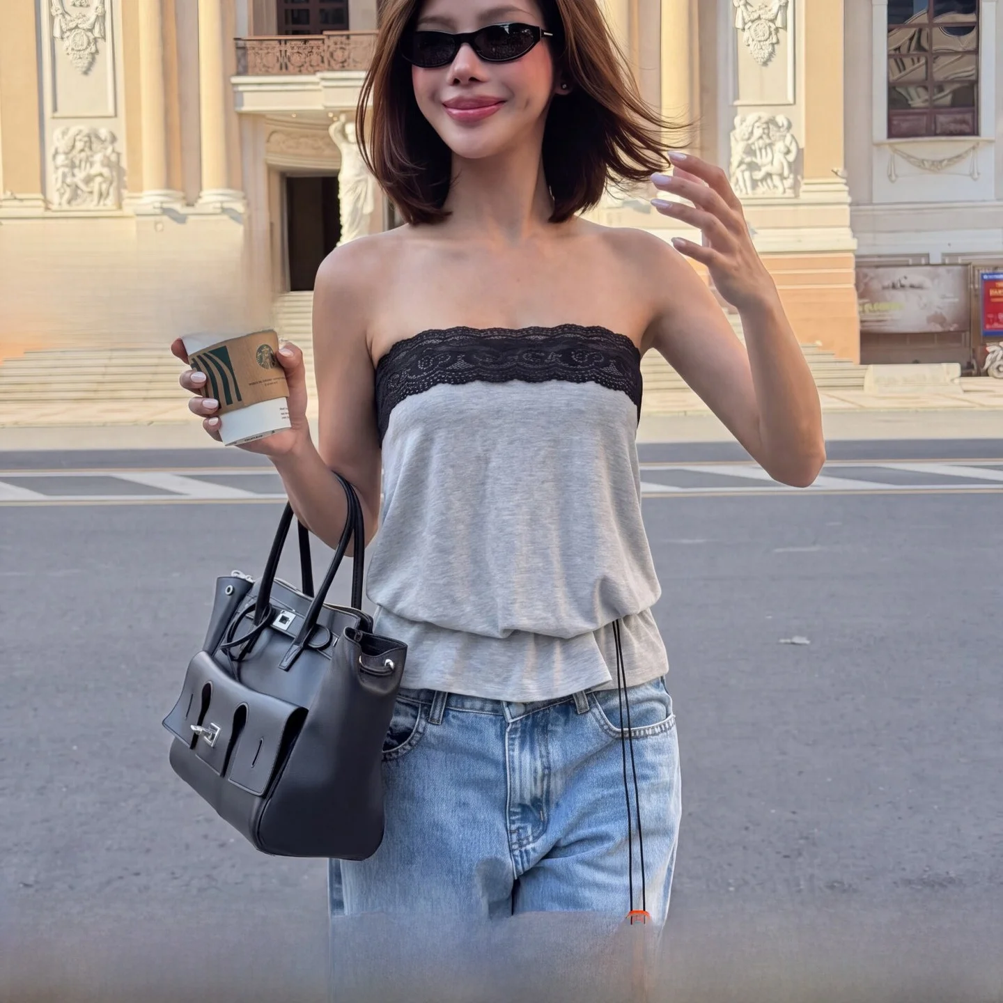 American Hot Girl Grey Two-Way Wear Tube Top Vest  Skirt Women Loose Drawstring Casual Outerwear Top Breathable Short Sleeve