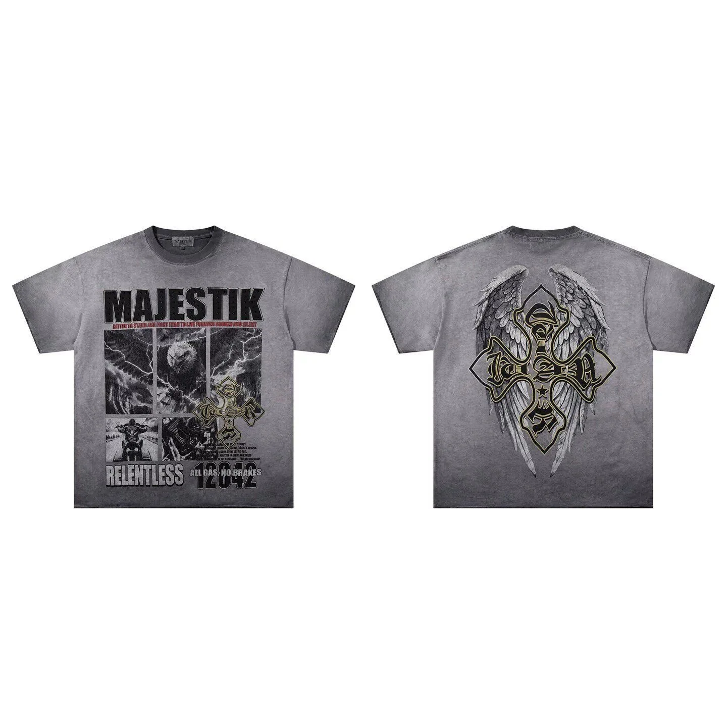 MAJESTIK American Retro Beaded Letter Men's and Women's Washed Antique Loose Street Casual Rolled Edge Short-Sleeve T-Shirt