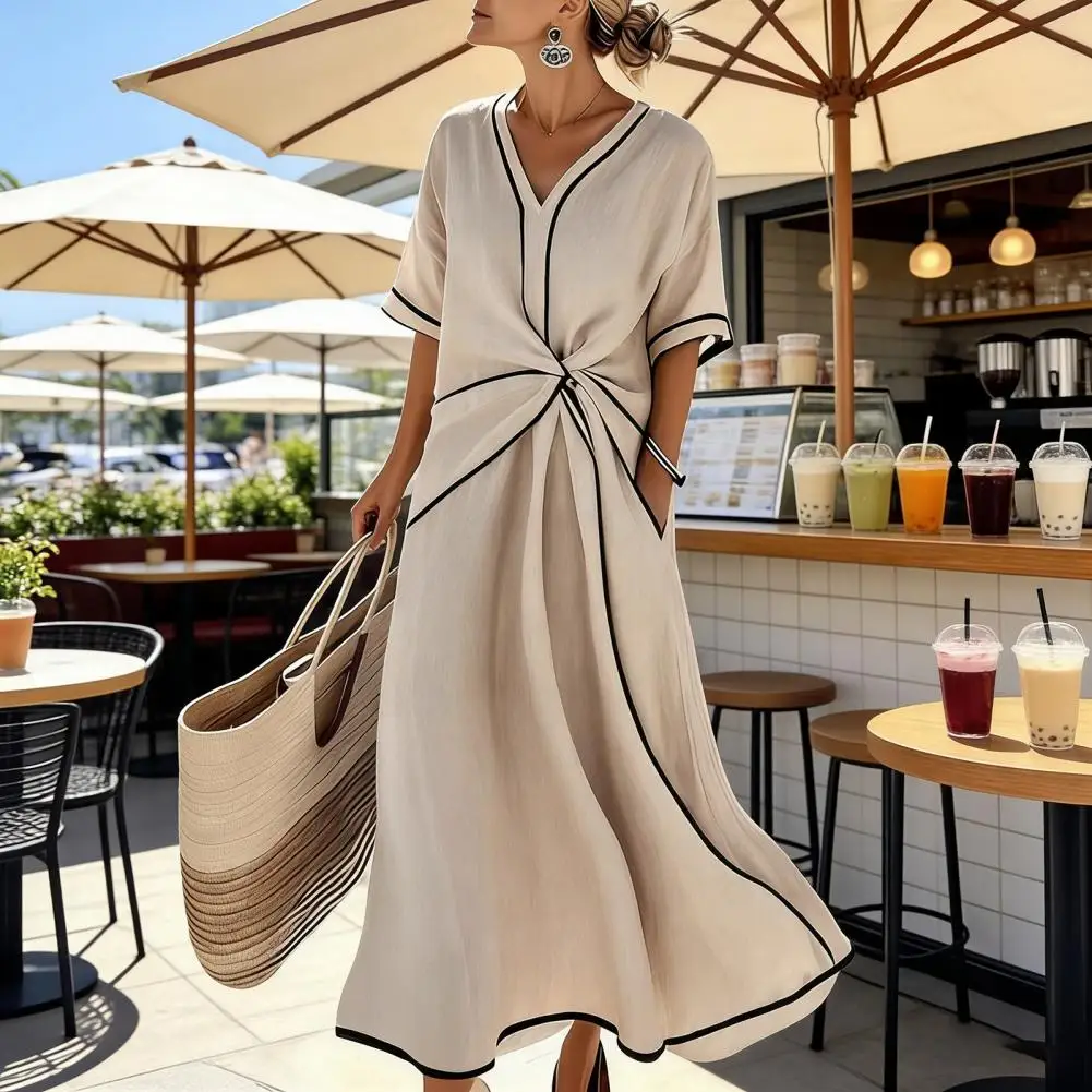 

Женское хлопково-льняное платье на каждый день, летнее платье в стиле бохо, хлопково-льняное платье с V-образным вырезом, коротким рукавом, А-силуэта, пляжный сарафан