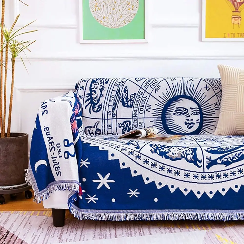 

Reversible Boho Cotton Throw Blanket - XL Blue Zodiac Tapestry for Astrology Decor, Couch & Bed