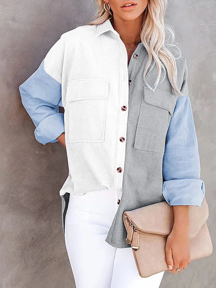 

Women Patchwork Blouses Corduroy Long Sleeve Single Breasted Turn-down Collar Shirt Office Lady Pocket Streetwear Elegant Shirt